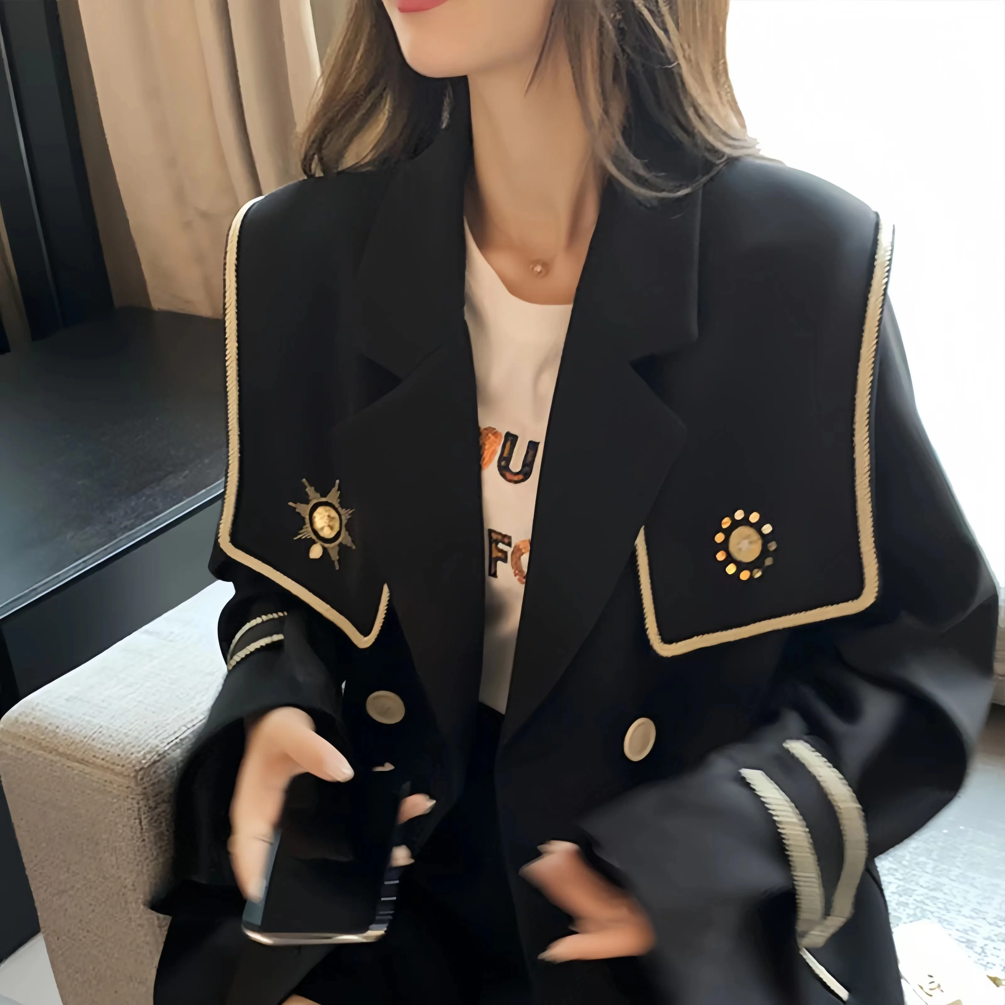 Double Breasted Blazers Jackets For Women , England Style Coat, Sailor Collar Clothing Female Tops,Embroidery Spring, Autumn