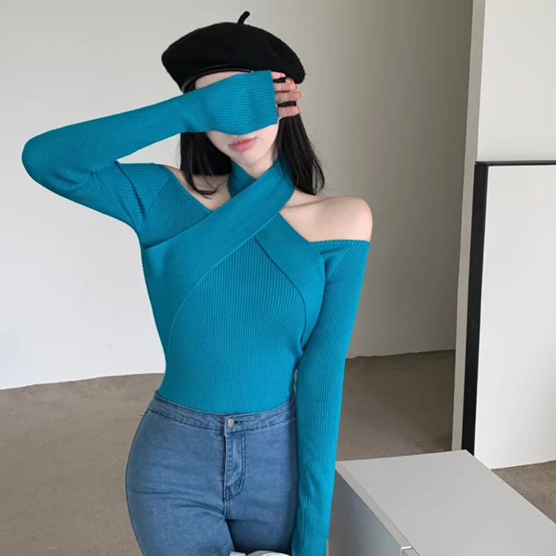 Women Cross Straps Knitted Long Sleeve Crop Tops  Korean Sweater Off Shoulder Straight Neck Tops