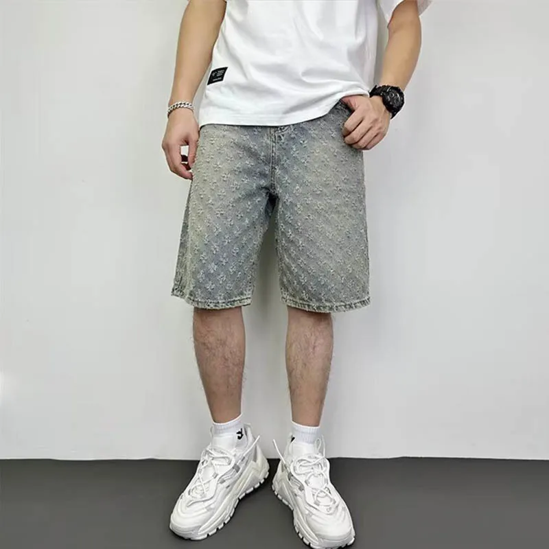 

American Denim Shorts For Men Summer Loose Straight Tube Fashion Five Point Shorts Jeans
