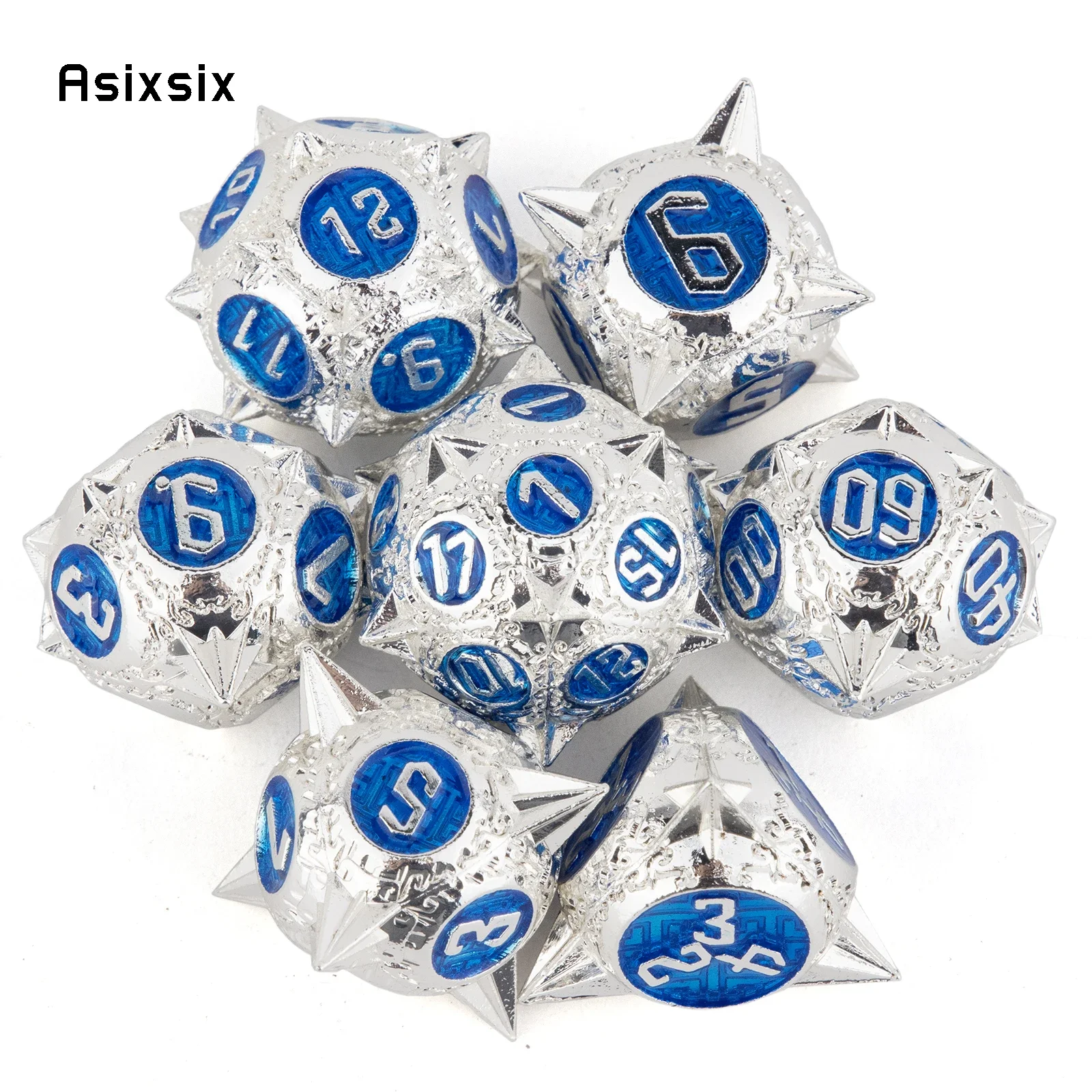 

7 Pcs White Blue Meteor Hammer Metal Dice Solid Metal Polyhedral Dice Set Suitable for Role-Playing RPG Board Game Card Game