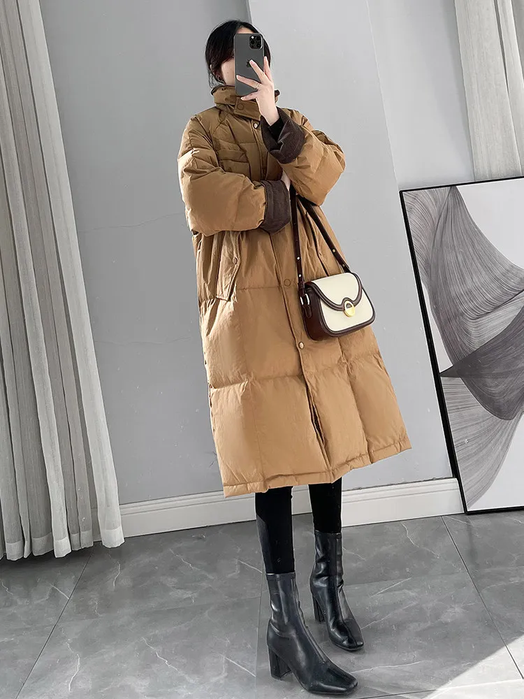 

Khaki corduroy down jacket women winter new medium to long thickened fashionable Korean version white duck down jacket