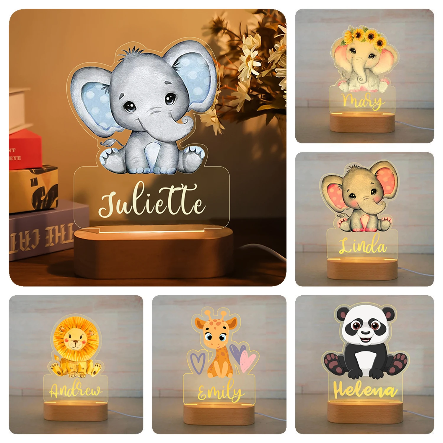 Customized Name LED USB Night Light Personalized Animal Design Acrylic Lamp for Baby Kids' Bedroom Home Decor Birthday Gift