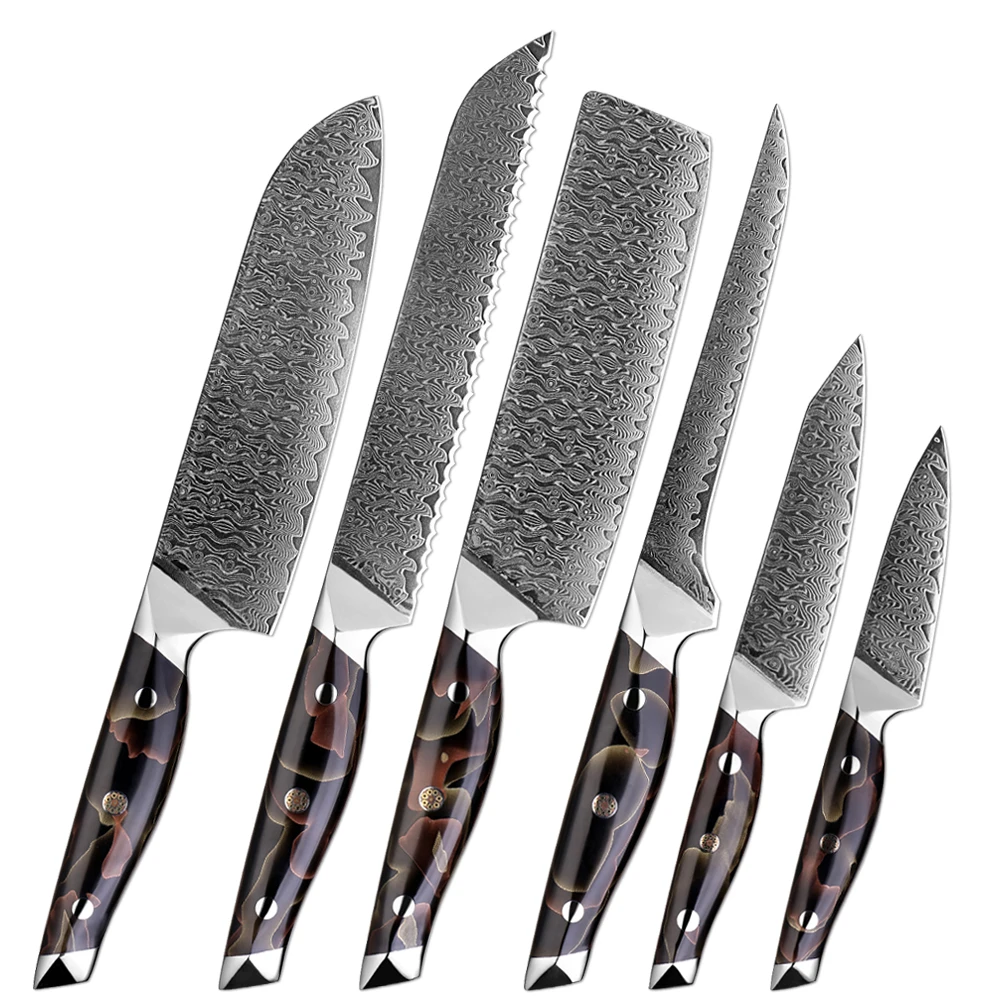 XITUO 1-6 PCS Set Kitchen Knives Damascus Steel Santoku,Cleaver,Paring,Bread Boning Cooking Knives Copper Platinum Resin Handle