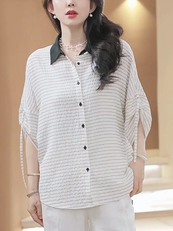 

Шелковый топ для женщин, летний, тонкий, в полоску, модный, повседневный, свободного кроя, приятный к телу...