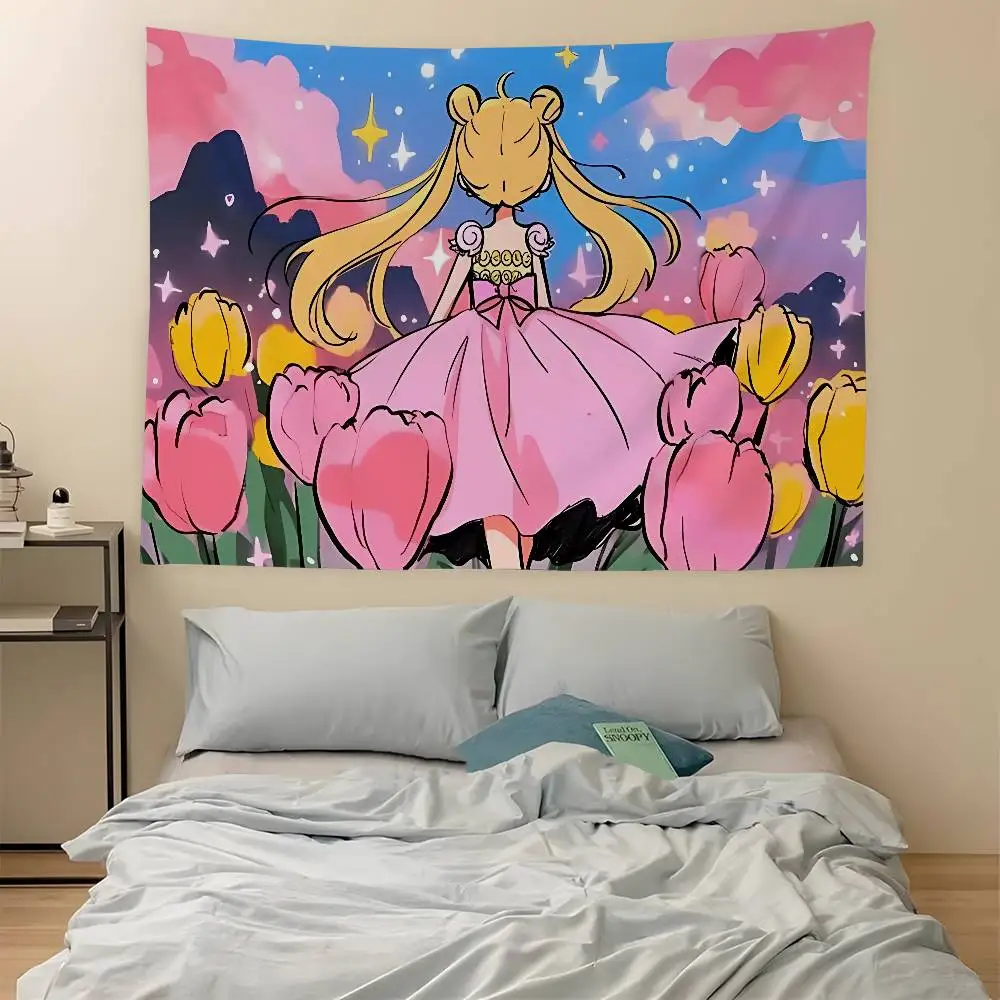 S-Sailores Cute Girl Moon Hippie Wall Hanging Tapestries for Living Room Home Dorm Decor Art Home Decor