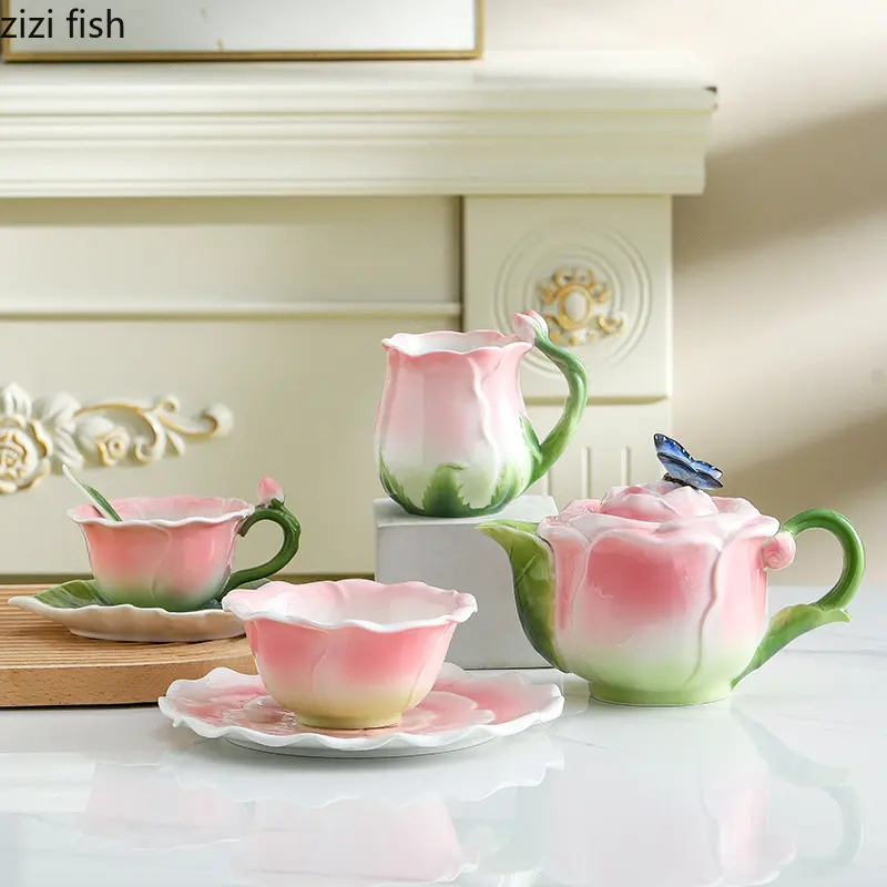 Rose Ceramic Mug Porcelain Mug Simulated Flower Shape Tea Set Petaled Teapot Butterfly Bud Cup Coffee Cups Cups and Mugs Set