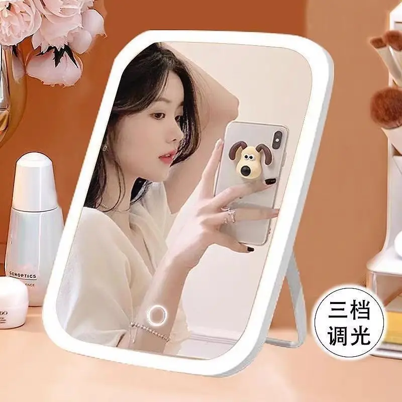 

3 Colors Touch Screen Dimmable LED Makeup Mirror Foldable Rechargeable Cosmetic Tabletop Mirror for Travel And Home Use