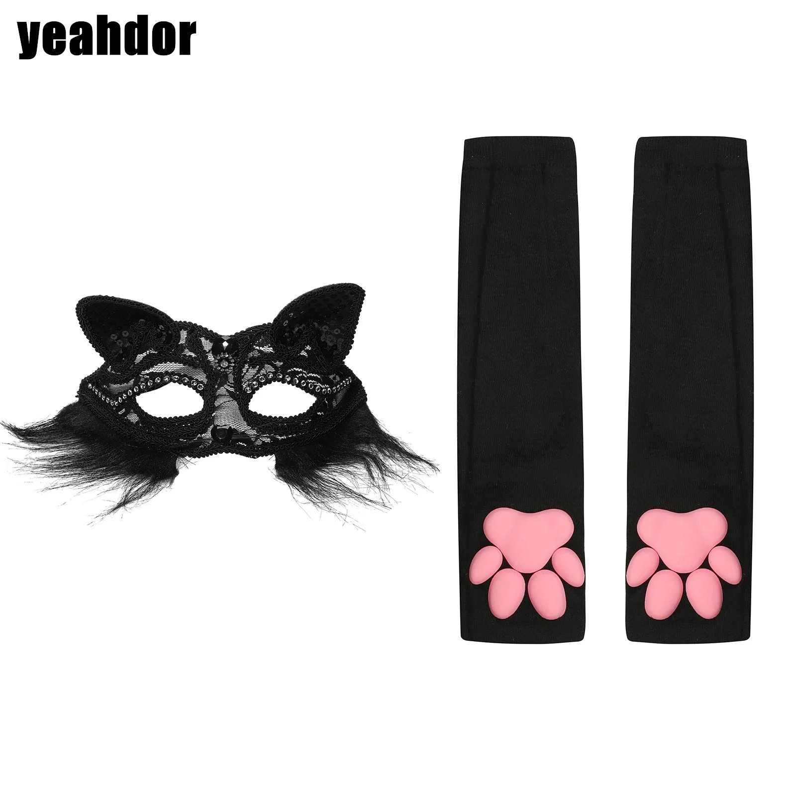 Womens Girls Kitten Cosplay Set Cat Mask with Paw Sleeves Cat Ears Sequin Lace Half Face Mask Silicone Cat Paw Fingerless Gloves