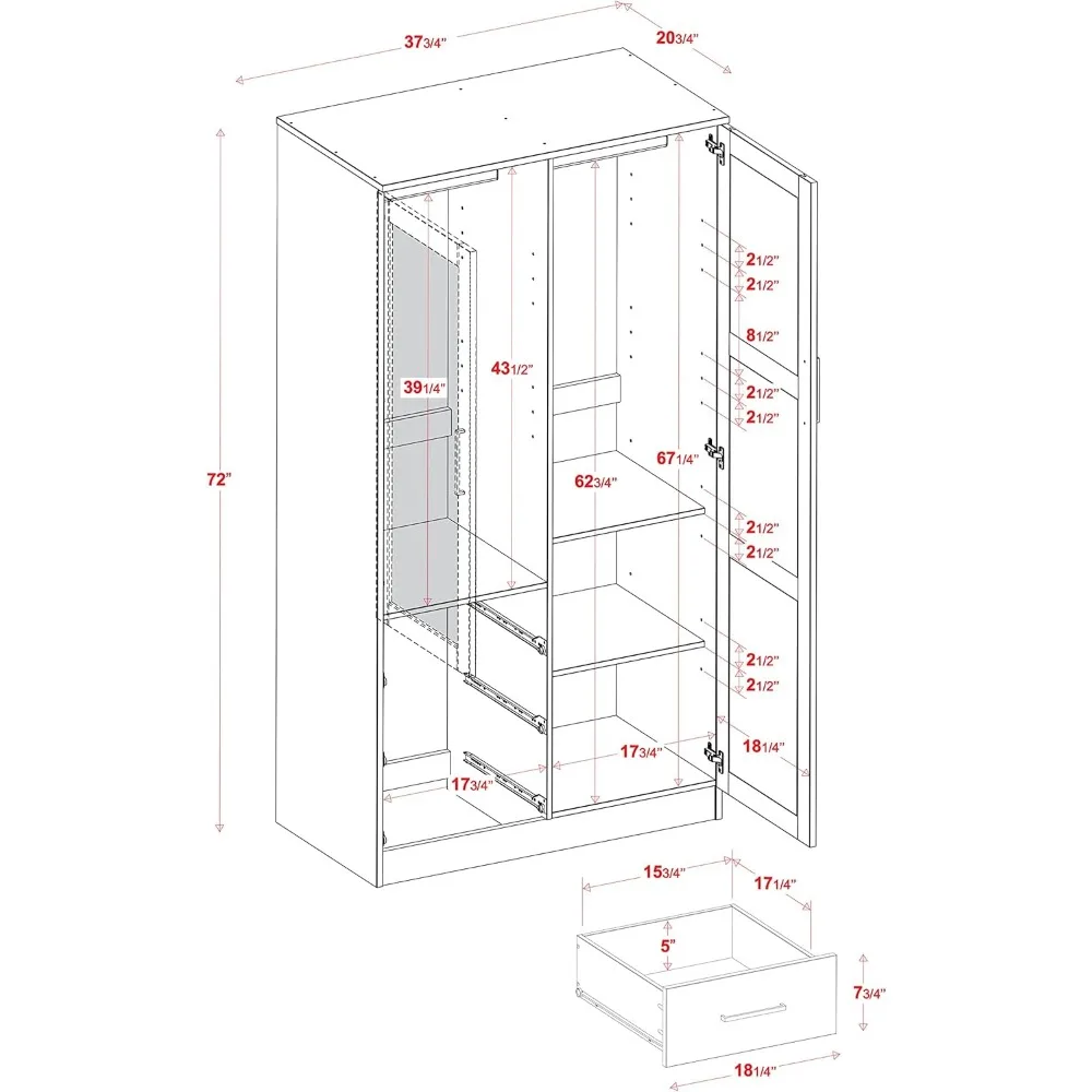 100% Solid Wood Metro 2-Door Wardrobe w/Raised Panel Doors, 2 Clothing Rods, 2 Small Shelves, Gray, 37.75