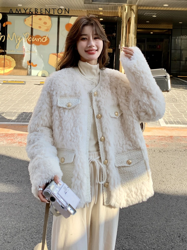 

2025 Winter New Women's Off-White Duck Down Liner Lamb Wool Coat Thickened Warm Single-Breasted Casual Plush Coat