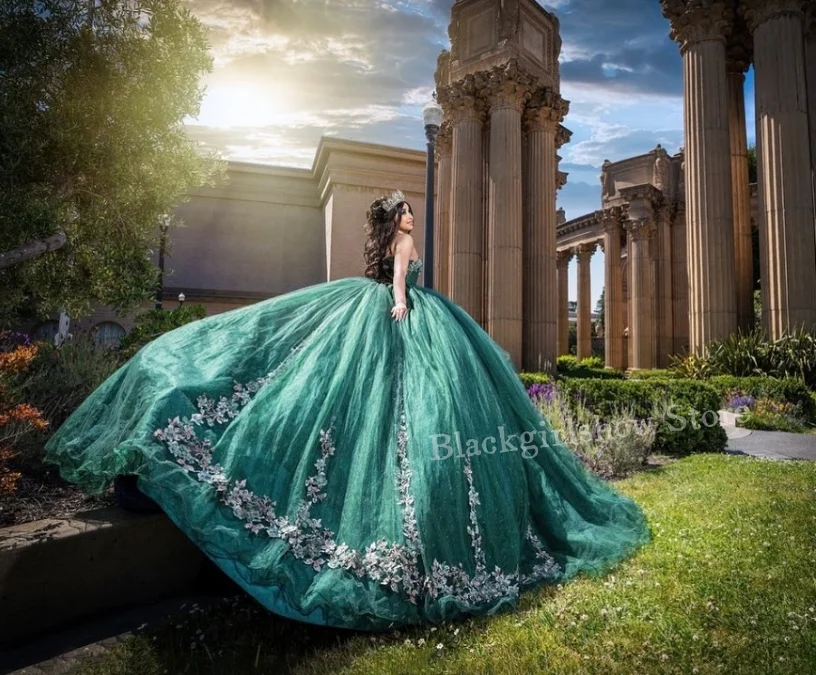 

Охотничье зеленое роскошное платье принцессы 15, платья Quinceanera с соборным шлейфом и открытыми плечами, аппликация из бисера, Мексиканские платья de festa на заказ