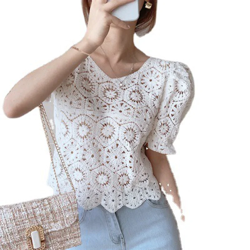 Exquisite Hollow-out Crocheted Wool Shirt 2024 Summer Slim Fit Slimming round Neck Short Thin Top