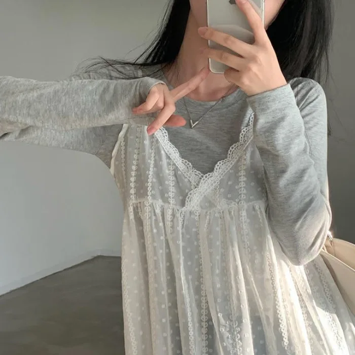Korean Chic Lace Overlay Dress Women's Outerwear Mesh Skirt Japanese Style Layered Dress Curtain Mid-Length A-Line Skirt