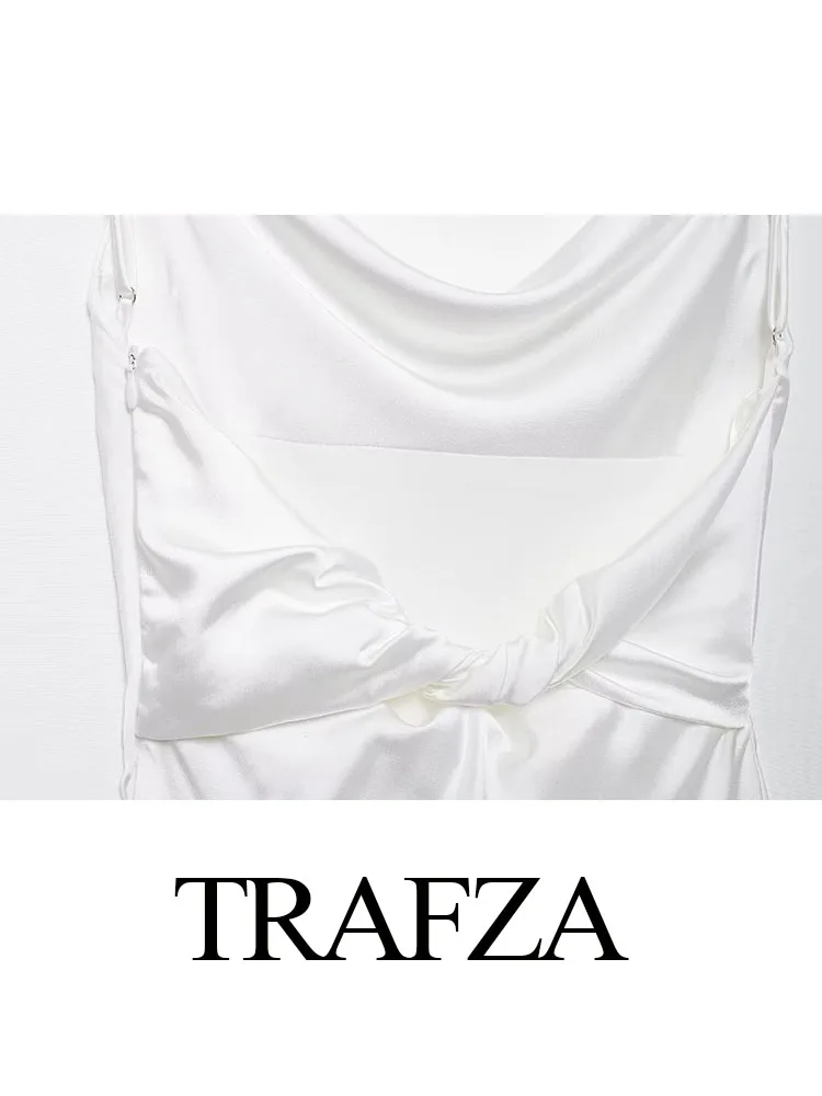 TRAFZA-Vestido Longo Sem Encosto Feminino com Zíper, Monocromático Sexy, Decoração Arco, Textura Cetim, Vestidos Sem Mangas, Moda Verão