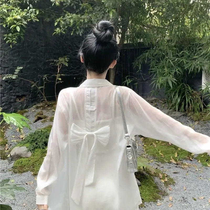 Pink White Shirt Thin Long Sleeve Sunscreen Shirt Women Fashion Bow Button Casual Vacation Beach Shirts Loose Tops Trendy New