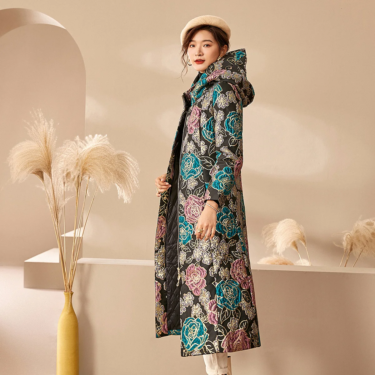 Luxury Women Winter Jacquard Coat Hooded Floral Parkas Space