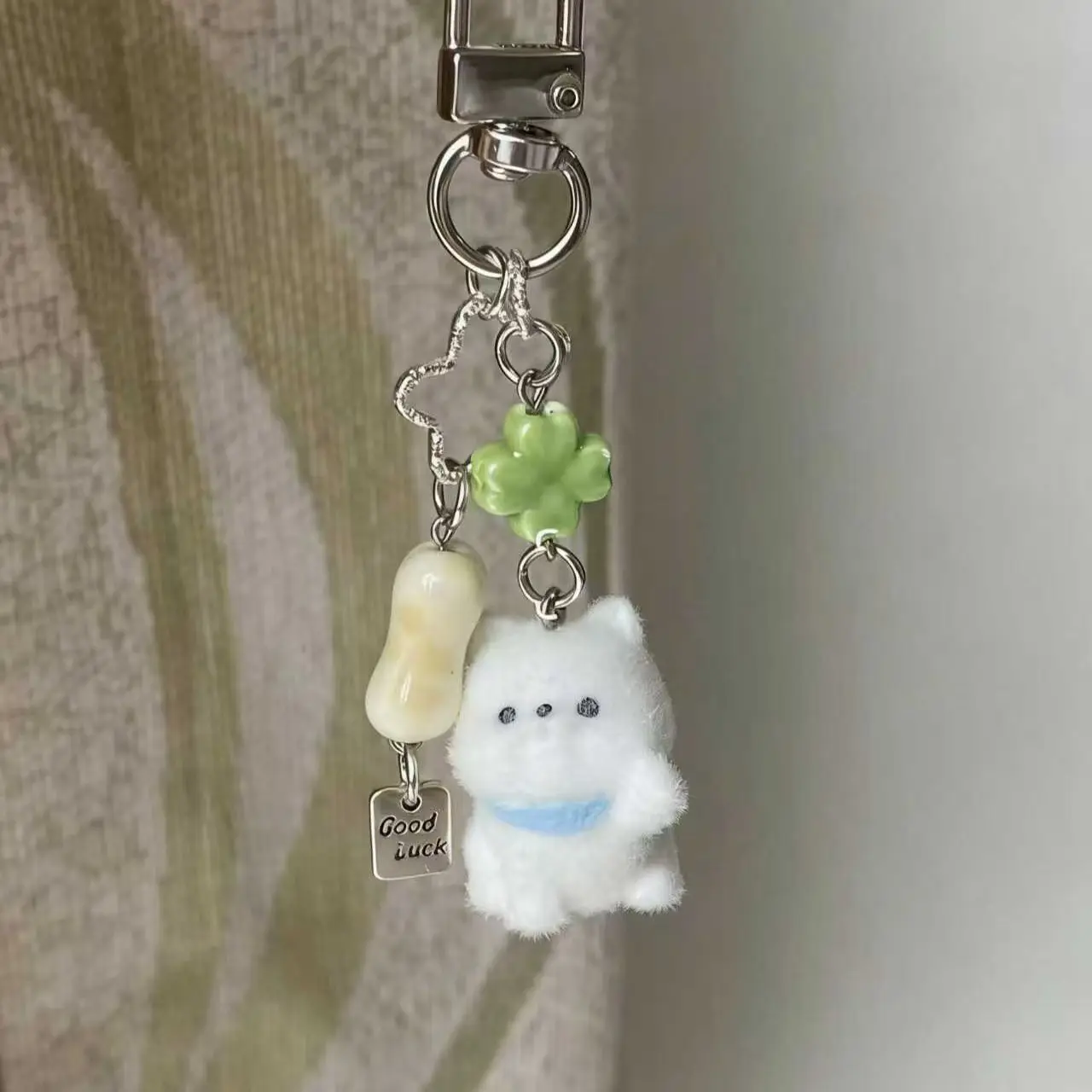 2026 New Flocked Four-Leaf Clover Lucky Puppy Phone Charm Bag Keychain Pendant All-Match Simple Gift Cute and Exquisite Ornam