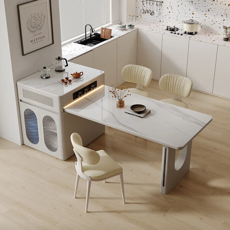 Grey island dining table retractable integrated rock slab induction cooker modern simple microwave oven storage