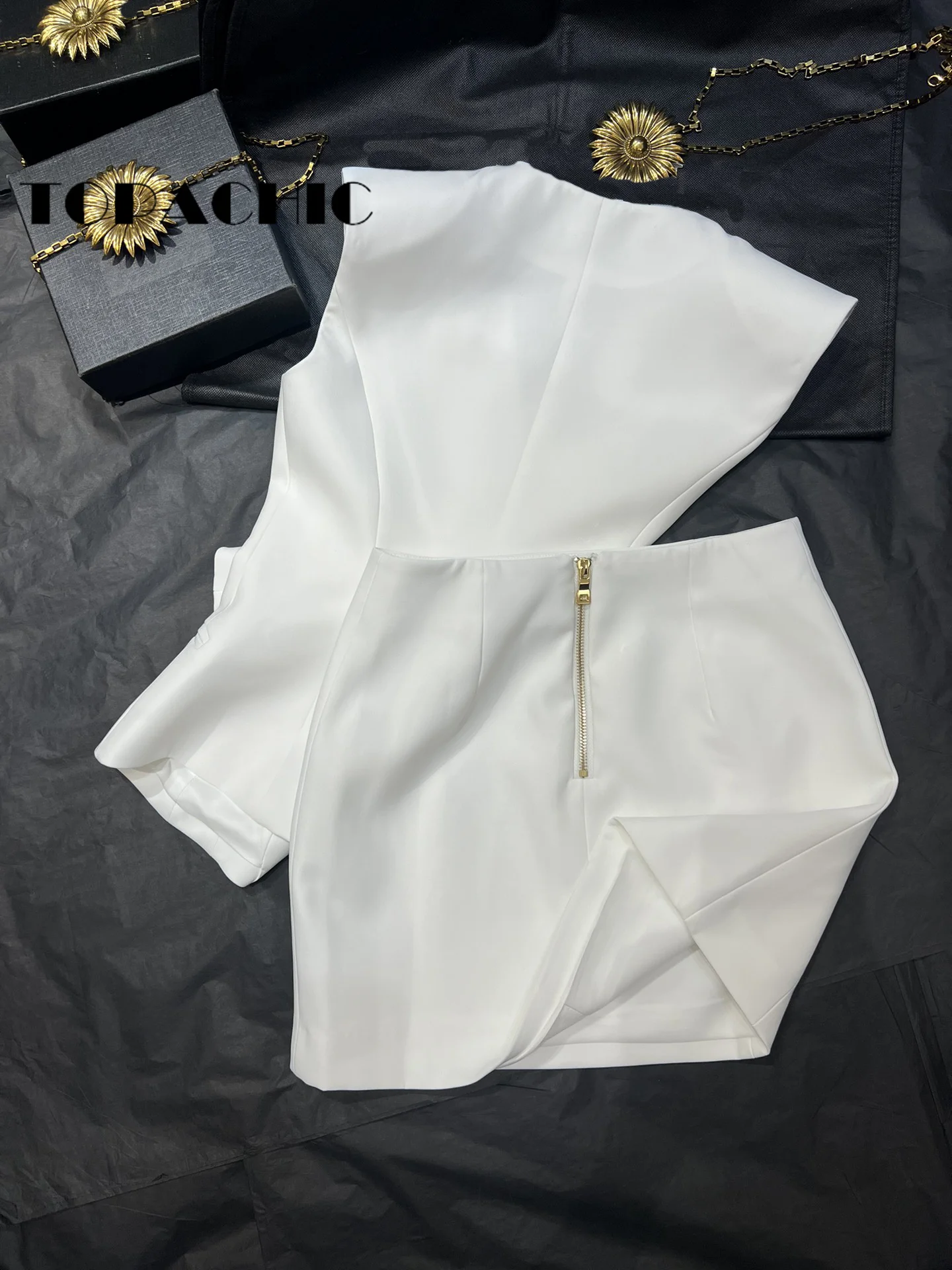 11.27 TOPACHIC-Women Clothes Temperament Shoulder Pads Spiral Gold Double Breasted Collect Waist V-Neck Vest Or Short Skirt Set