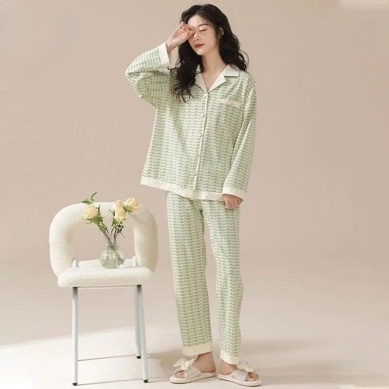 Traje de pijama de manga larga para mujer, cárdigan de solapa de algodón suave, ropa de dormir elegante, ropa de casa coreana, modelos de primavera y otoño, nuevo