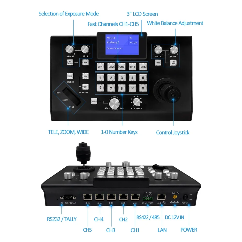 Broadcast 5 channels controller keyboard with joystick IP Cameras Live Broadcast v isca ptz  joystick Controller