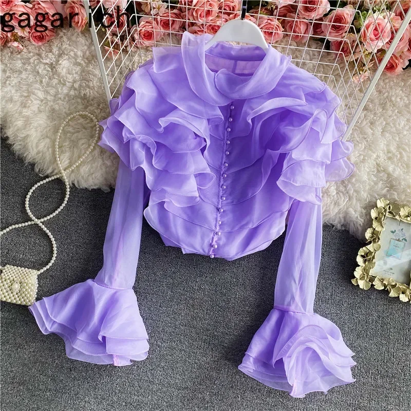 Gagarich Women Shirt 2022 Spring Autumn French Palace Style Ladies Super Fairy Layered Ruffled Organza Flared Sleeve Blouses