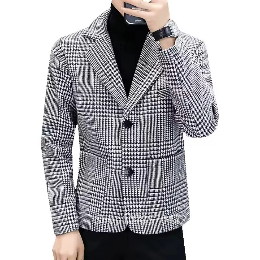Veste en laine pied-de-poule pour hommes, décontractée, revers cranté, simple boutonnage, manches longues, Cardi, vêtements d'extérieur à la mode