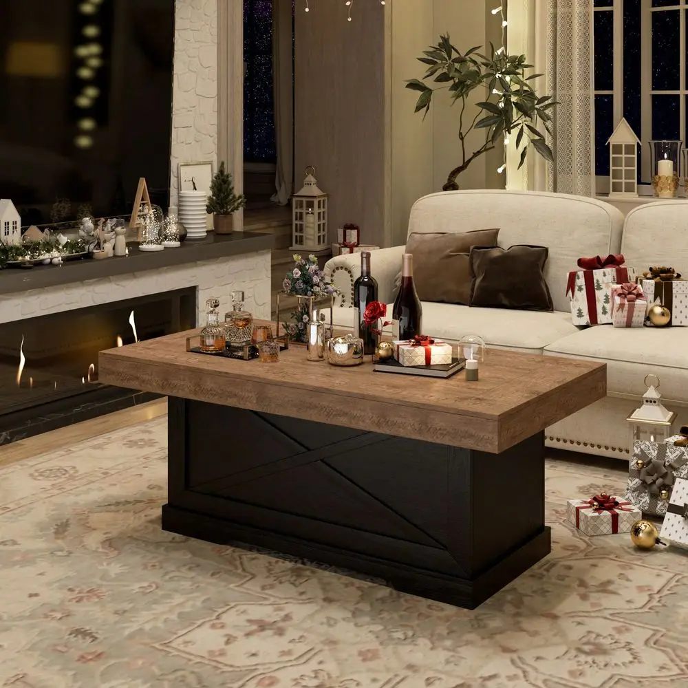 Lareth Coffee Table 39 In Rustic Center Table With XDesign Wooden Pedestal For Living Room, Space Saving, Rectangle Home Office