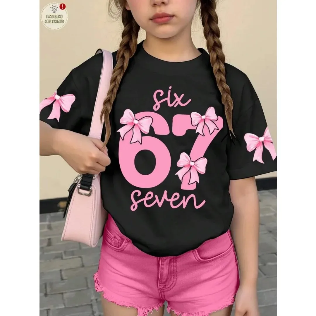 Children's 67 Christmas Elf Print Girls Short Sleeve Round Neck Tee Parties Casual Wear Comfort Children Clothes Girl Clothing