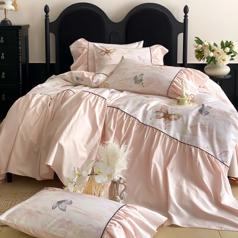 

600TC египетский хлопок розовый принт бабочки плиссированные оборки комплект постельного белья пододеяльник простыня/простыня наволочки 4 шт.