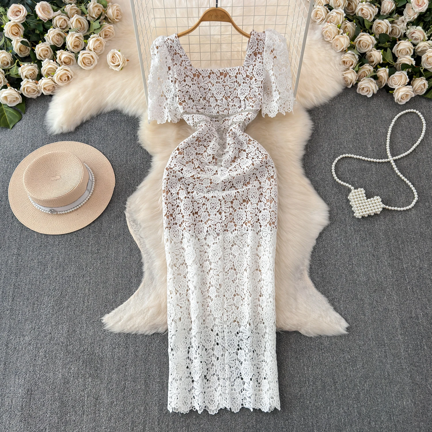 

Summer Long Floral Lace Dress for Women Skinny U-Neck Ruched Two Layer Hollow White Female Wedding Elegant New In 2024 Chic