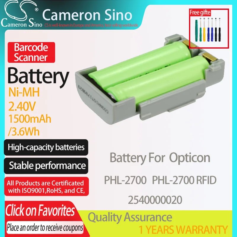 CameronSino Battery for Opticon PHL-2700 PHL-2700 RFID fits Opticon 2540000020 Barcode Scanner battery 1500mAh 2.40V Ni-MH Grey