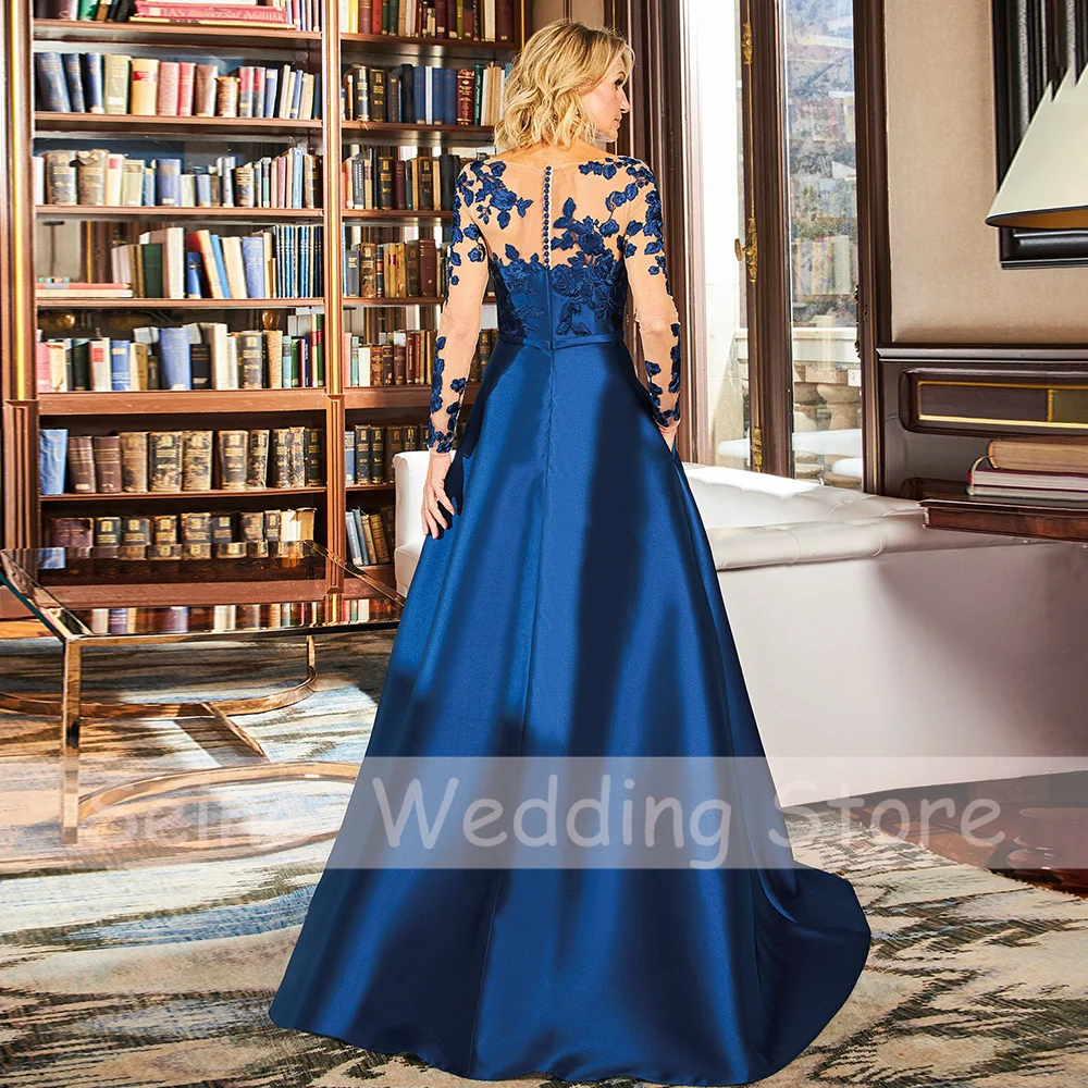 Royal Blue Wedding Guest Gowns 2022 Lace Applique Mother Of The Bride Dresses A-Line Split Satin Illusion Sexy Evening Dress