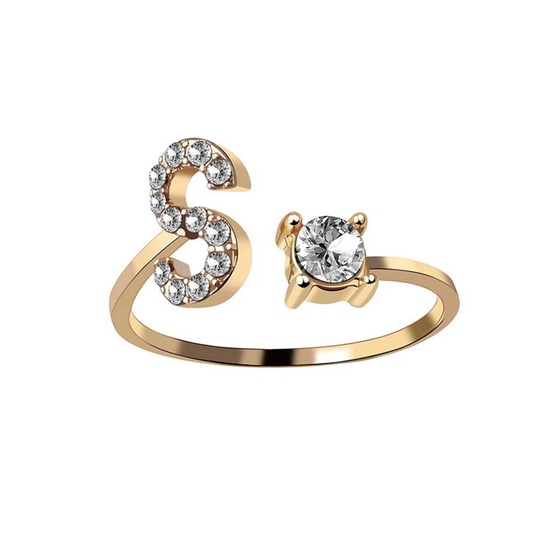 Adjustable Initial Crystal Inlaid Rings for Women Golden Letters A-Z 26 Alphabet Open Rings Personalized Jewelry Gift Party