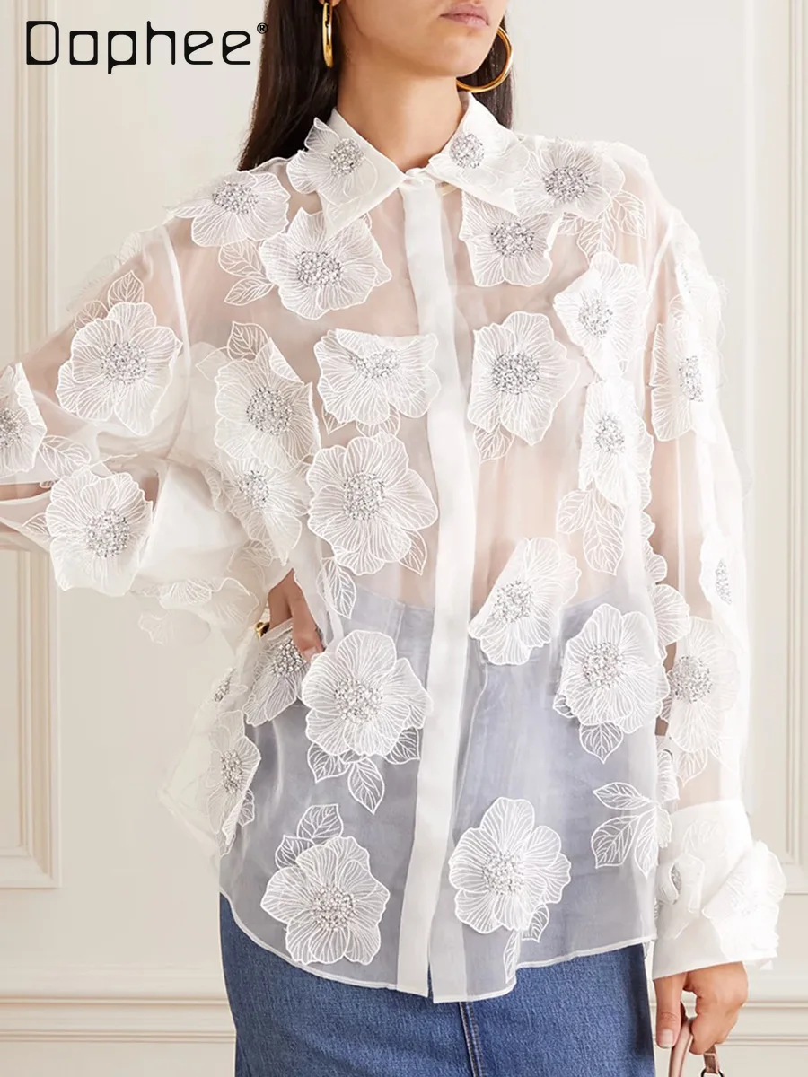 French Elegant Style Organza Lapel Shirt Office Lady 2024 Spring and Summer New 3D Flower Sequins Long Sleeve Shirt Top Women