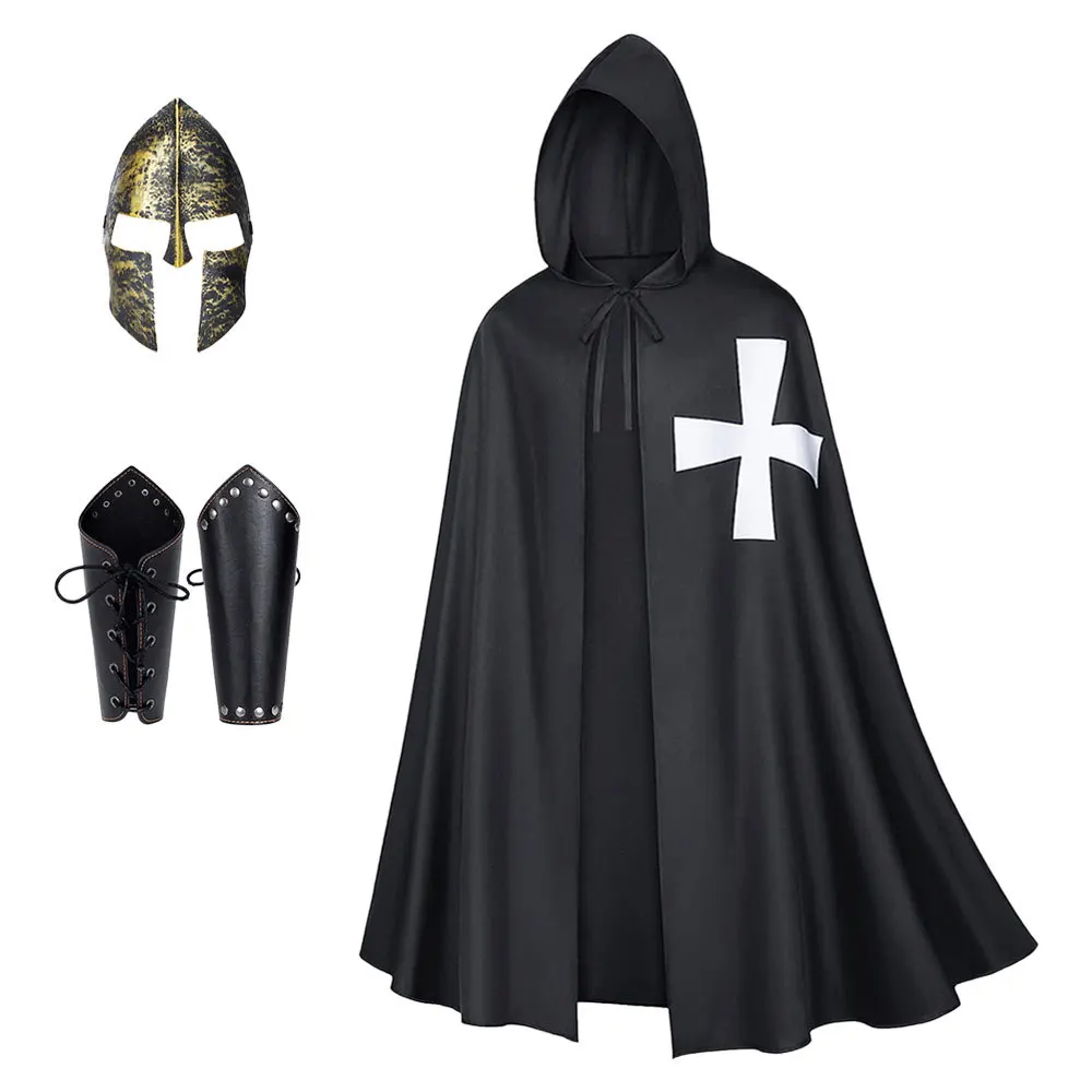 

Хэллоуин Средневековый Крестоносцы Рыцари Тамплиеры Косплей Черный Плащ Маска Ренессанс Винтаж Накидка с Капюшоном Маскарадные Костюмы Воина