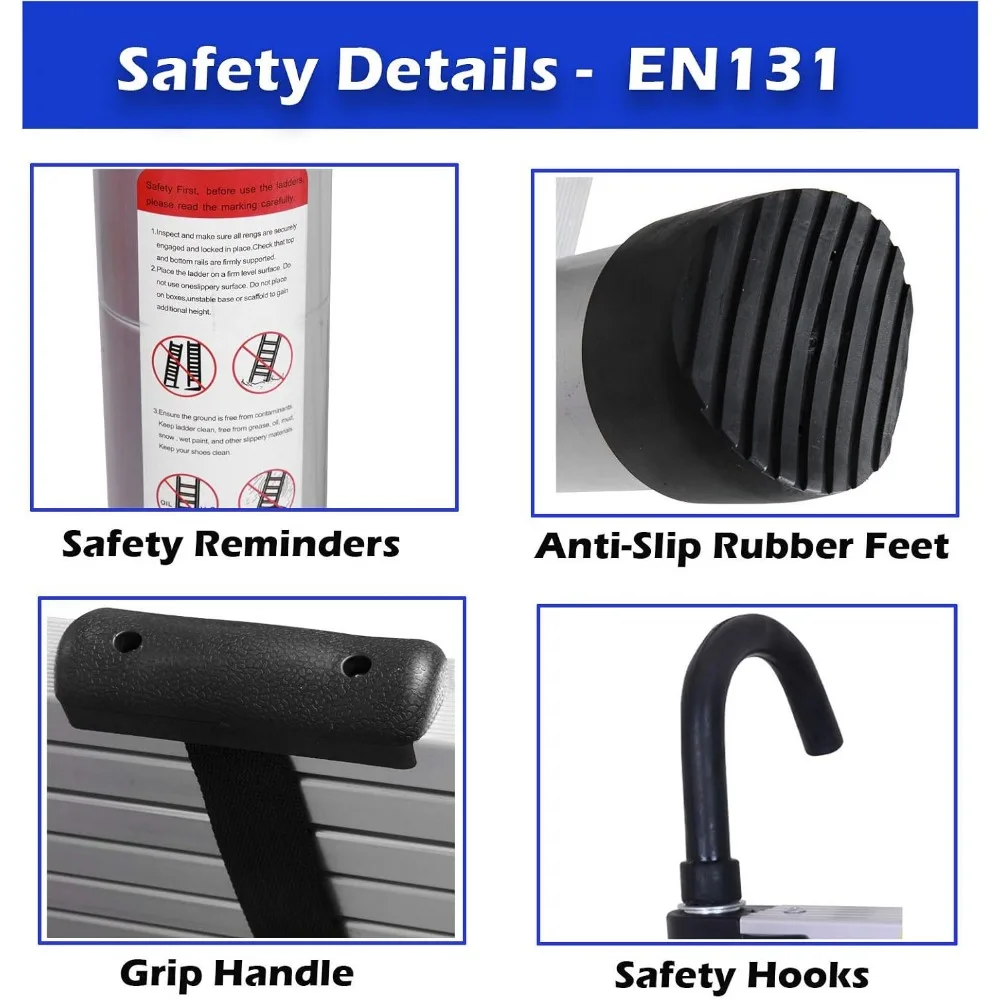 บันไดอลูมิเนียมยืดหดได้ 14.5 ฟุต แบบ DIY พร้อมฐานยางกันลื่น สำหรับใช้ในบ้านและงานช่าง ภายในและภายนอกอาคาร ปรับความสูงได้ 15 ขั้น