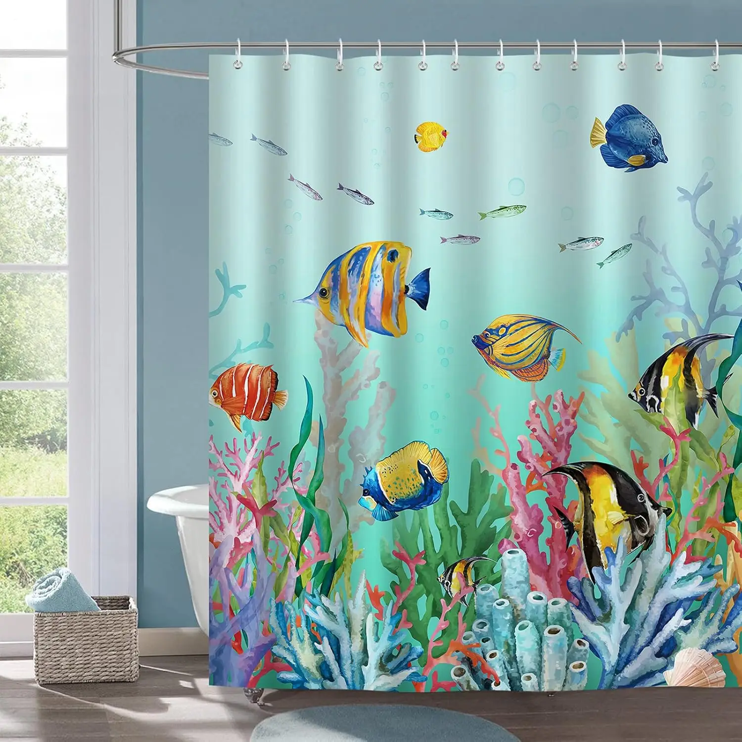

Colorful Fish Shower Curtain,Ocean Underwater World Tropical Fishes Coral Bathroom Polyester Fabric Waterproof Bath Curtain