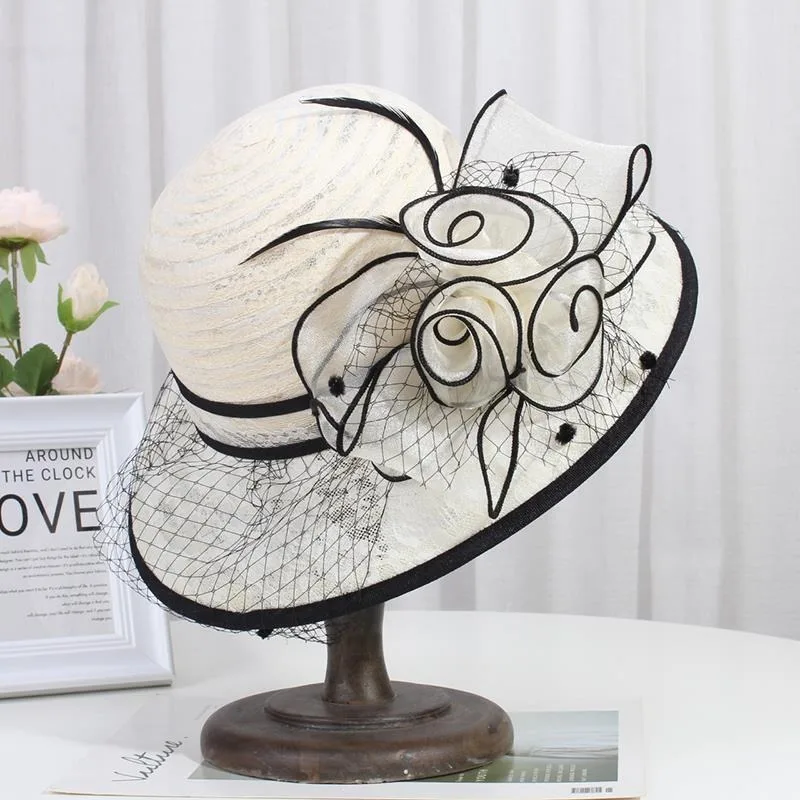 Summer Beige Lace Fascinator Hats Wide Brim Party Church Hat For Women Elegant Wedding Fedora Ladies Kentucky Derby Cap