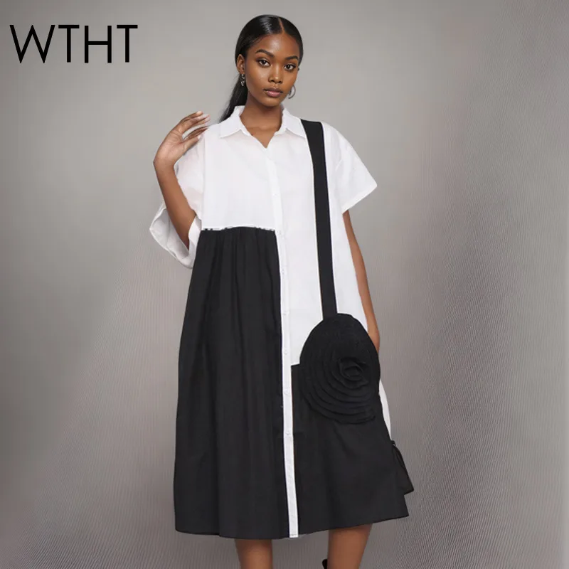 Whth moda feminina emendado 3d enrugado flor camisa vestido 2025 verão lapela mangas curtas vestidos femininos 1ls2027