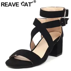 REAVE CAT 2022 Women Shoes Sandals Peep Toe Block Heels Buckle Strap Flock Size 34-48 Black Red Summer Concise S3609