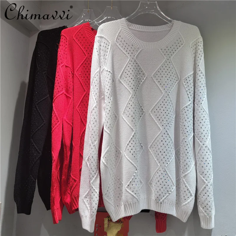 

2025 Autumn Winter New Fashion Round Neck Knitted Top Solid Color Loose Rhinestone Diamond Pattern Cable Knit Sweater Women