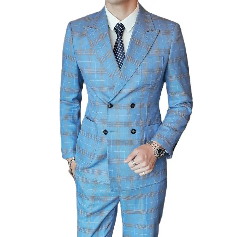 S-5XL ( Blazer + Pants ) Men\'s High-end Brand Formal Double Breasted Suit Gray 2 Piece Set Wedding Dress Plaid Suit Groom Party