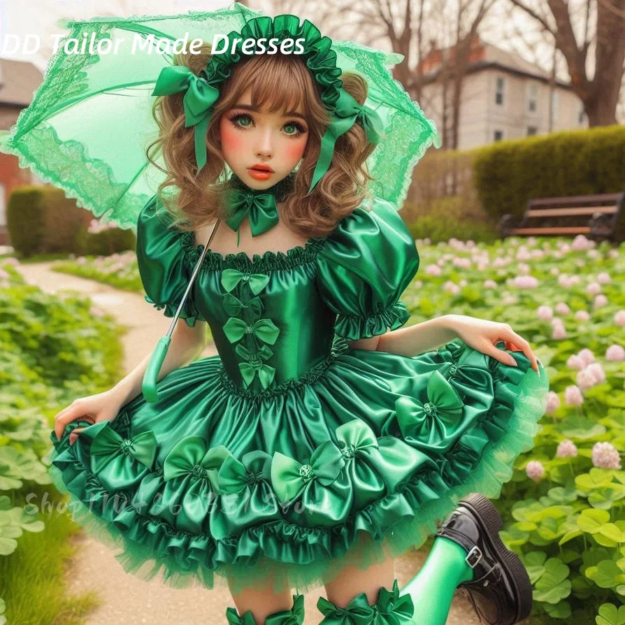

Emerald Green Short Lolita Prom Dress Bow Pleats Cosplay Party Gown Puff Sleeves Satin Special Occasion Wear Customized