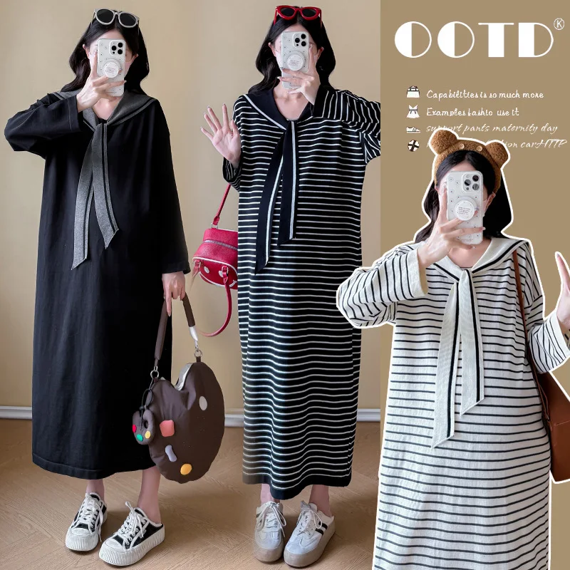 

2025 Oversized Stripe Pregnancy Dress Autumn Knit Maxi Dress With Shawl Plus Size Flattering Elegant Comfortable Maternity Wear