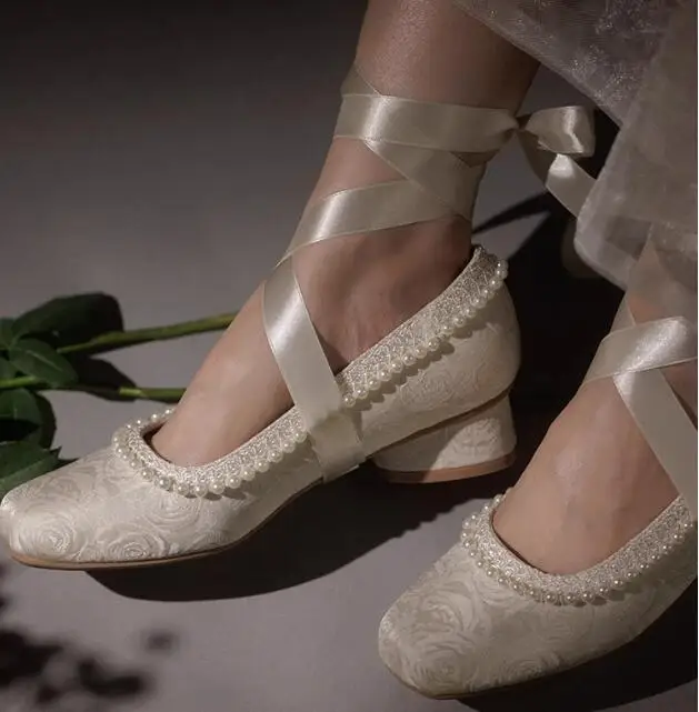 Beige White Flower Satin Pearls Mary Jane Single Pumps Women Chunky Heels Mesh Bandage Summer High Heel Shoes