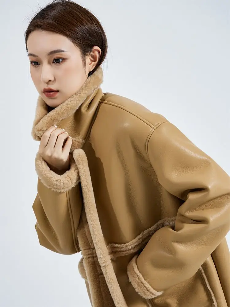 Korea Lambswool Fur integrated Patchwork Brown Fur Coat Women Long Sleeve Patchwork Warmth Overcoat Autumn Winter