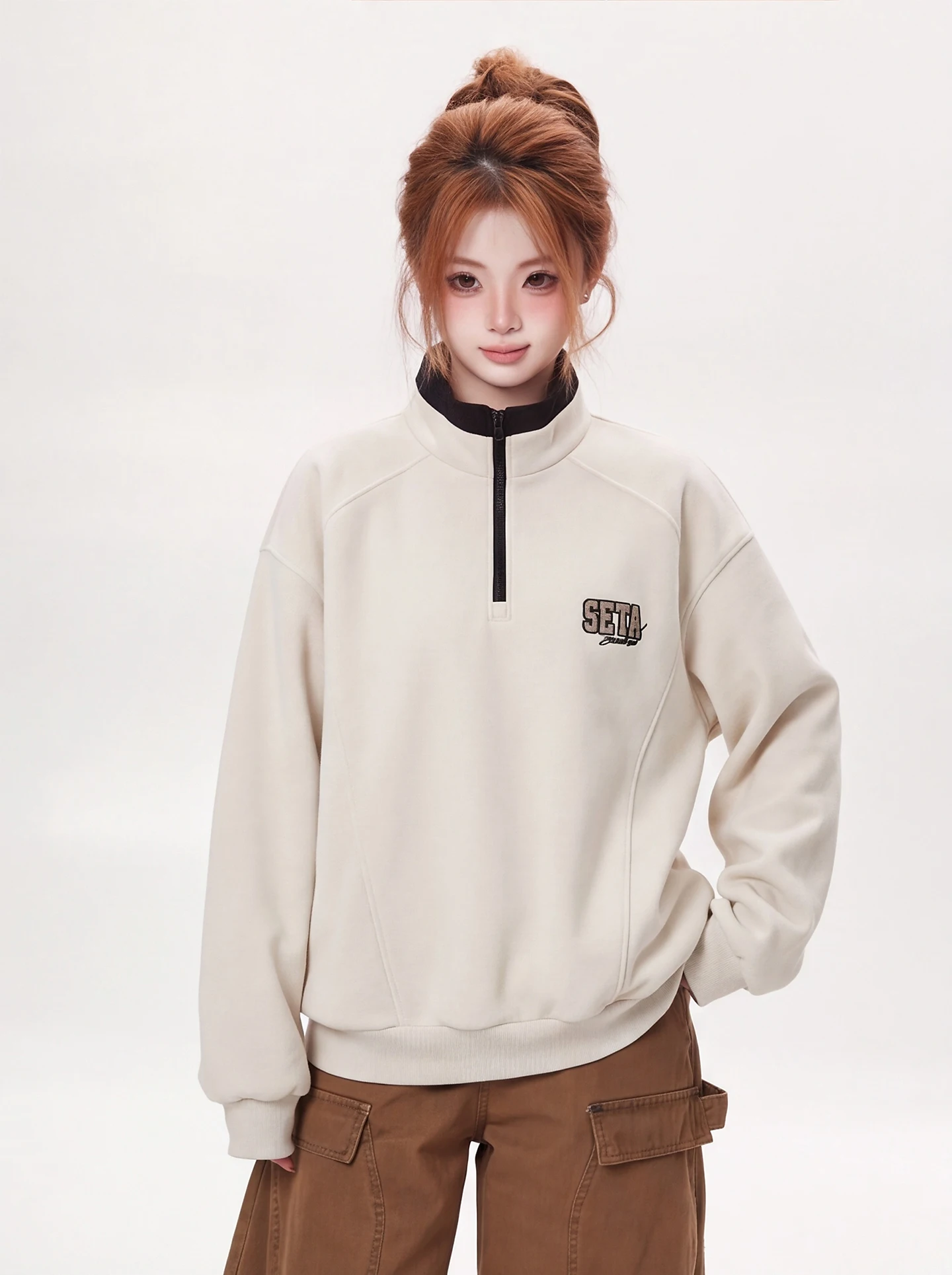 Loose Fit Casual Sporty Style Half Zip Hoodie Women's Embroidered Slimming Anti-Aging Overhead Jacket Ant Leisure Wear