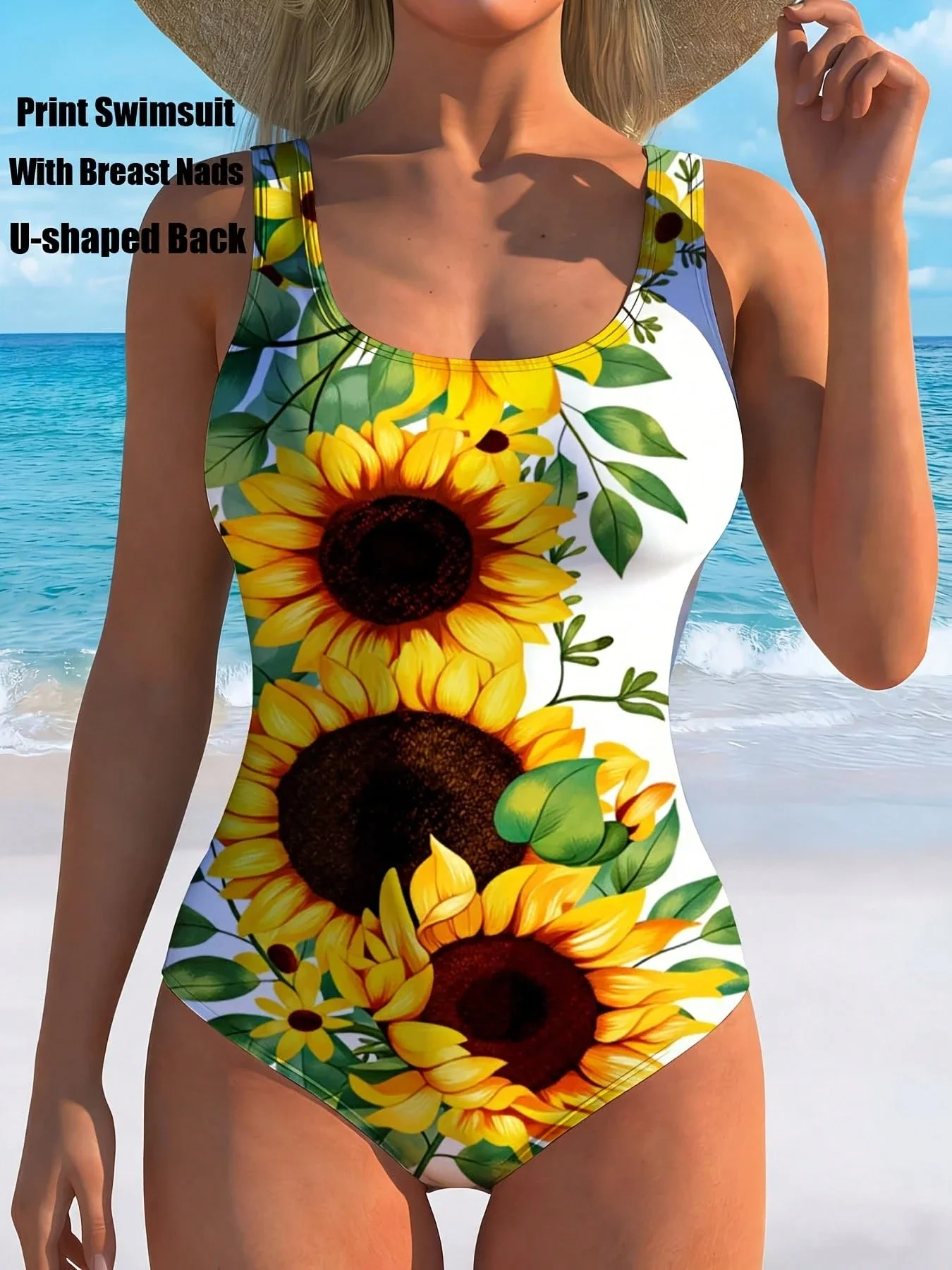 

Цельный купальник с U-образной спинкой и узором подсолнухов для женщин