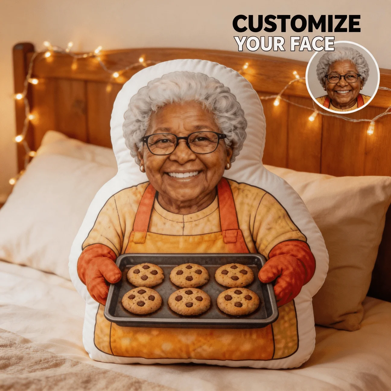 Custom Personalized Photo Face Pillow, Granny Cooking Cookie Custom Shaped Decorative Cushion, 60cm Large Size Home Decor Accent